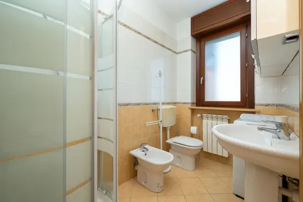 Turin Airport apt F — bagno con doccia, sanitari e lavabo